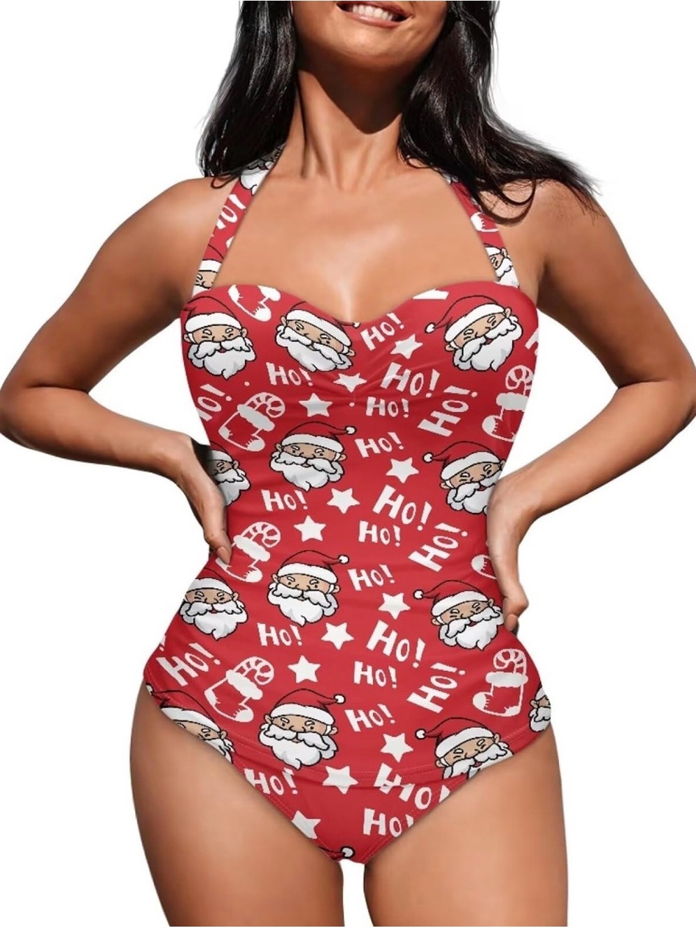NWOT Christmas Santa Print Halter One-Piece Retro Pin-Up Swimsuit XL (14-16)